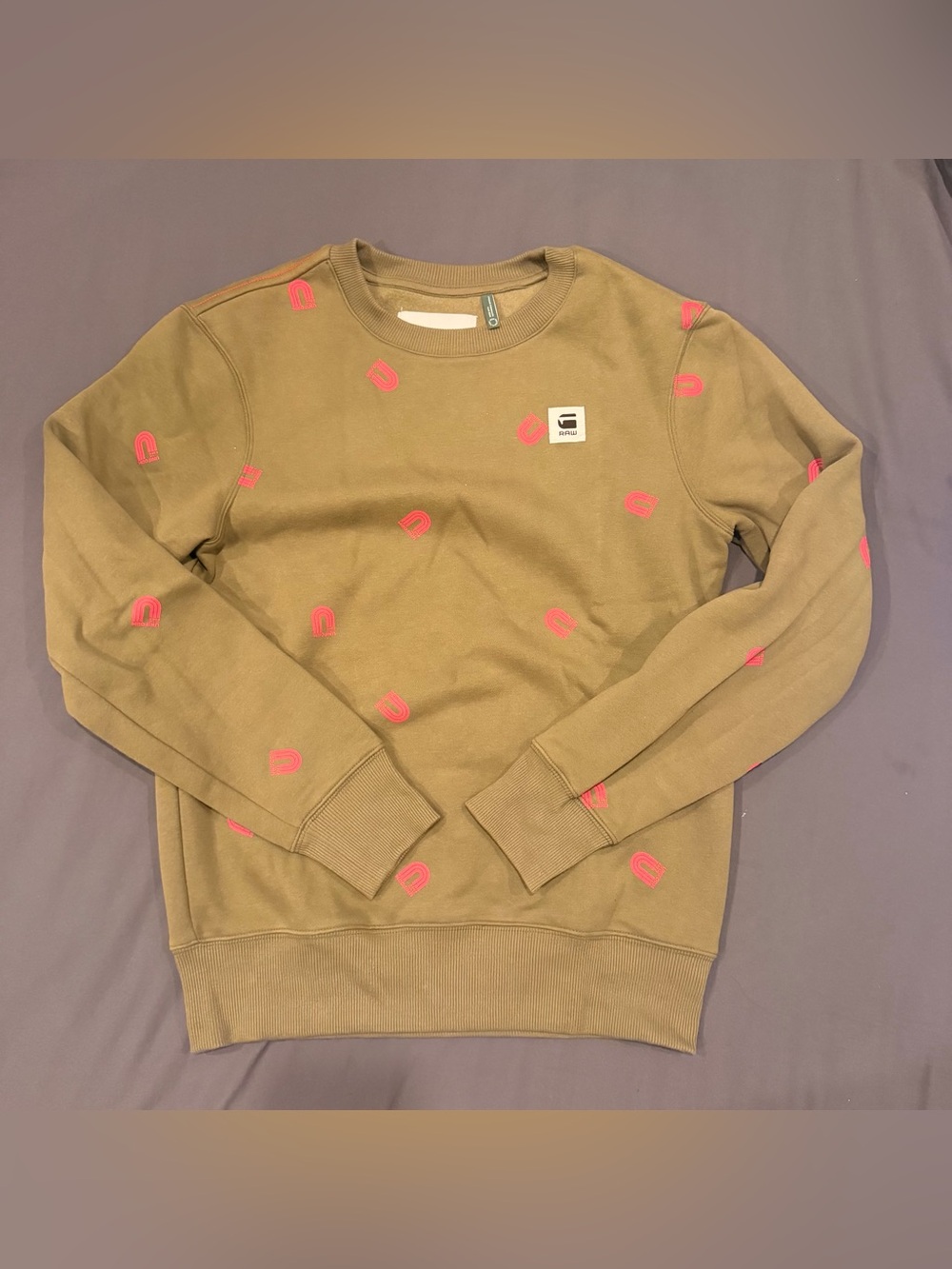 G-Star Olive Crewneck Sweatshirt with Pink Logo Accents